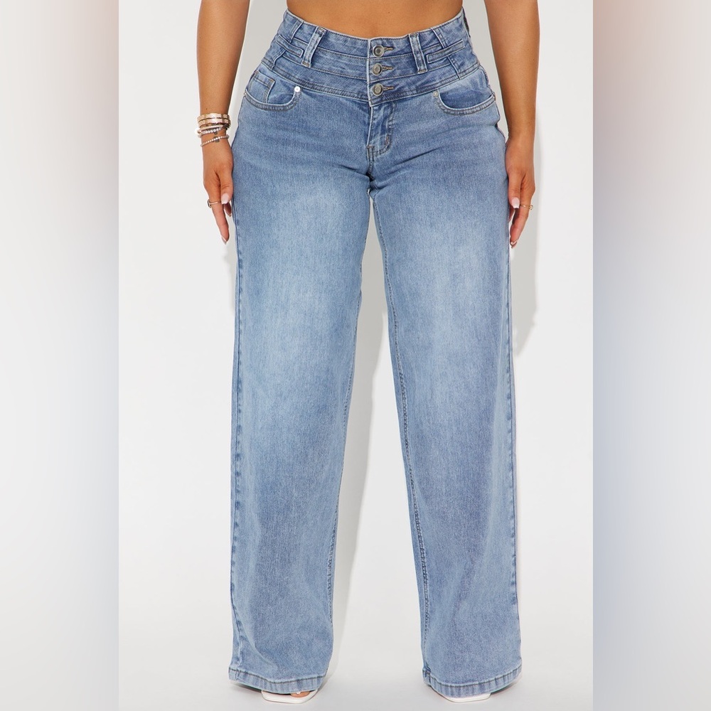 ❥𝖥𝖠𝖲𝖧𝖨𝖮𝖭𝗡𝗢𝗩𝗔: Dark Paradise Denim Corset Waist Wide Leg Jeans - Medium Wash